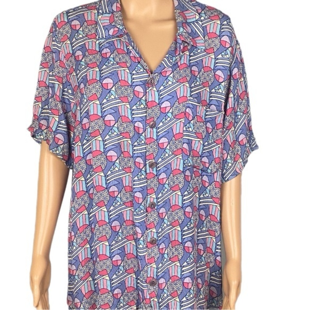 FLAX Vintage multicolor abstract 100% rayon crepe button down shirt Small EUC